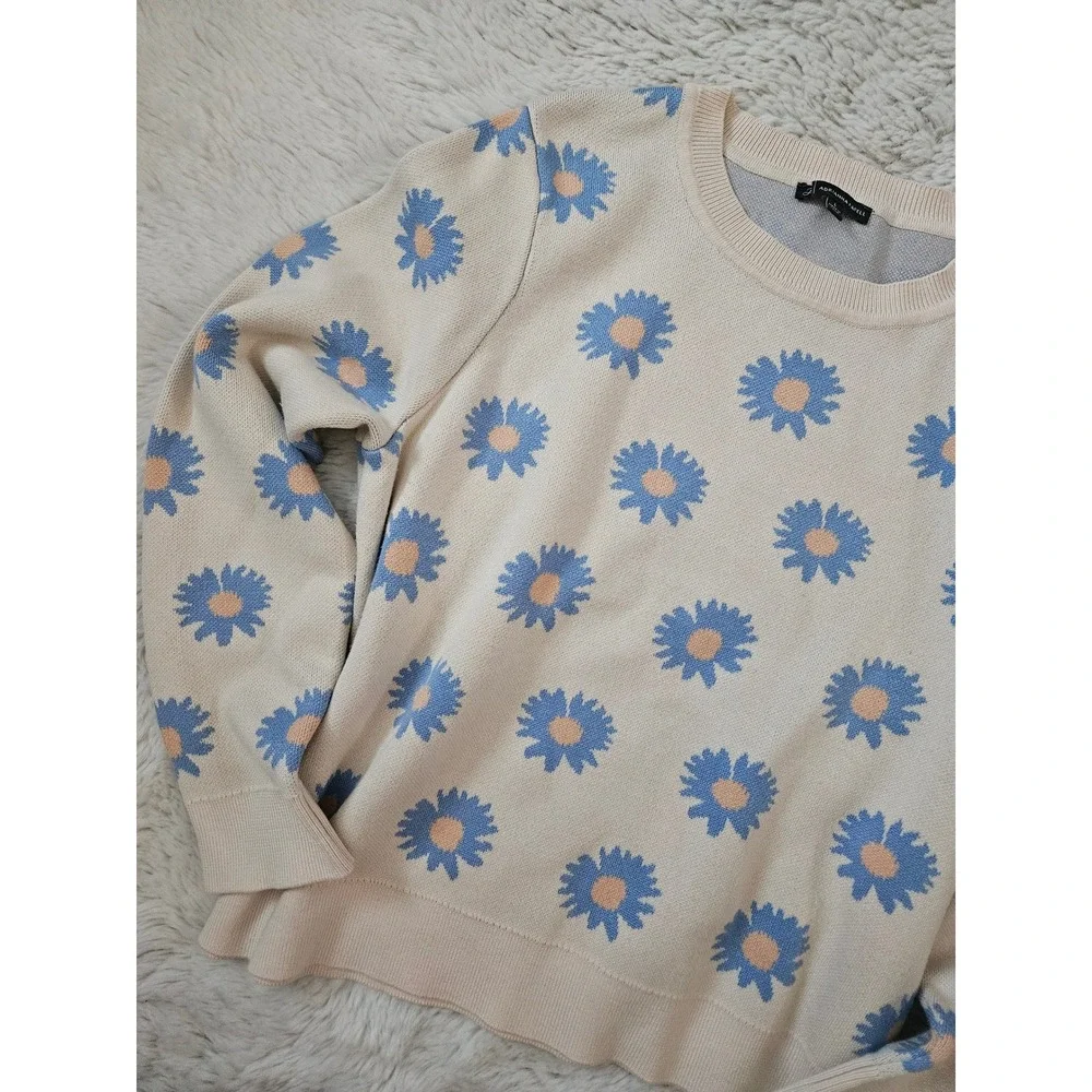 Adrianna Papell Daisy Floral Intarsia Knit Sweater Large Blue Cream